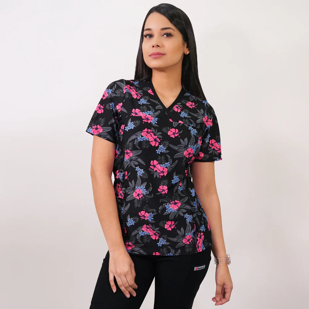 Delantal clinico Mujer tela elasticada estampada. Combina con Negro