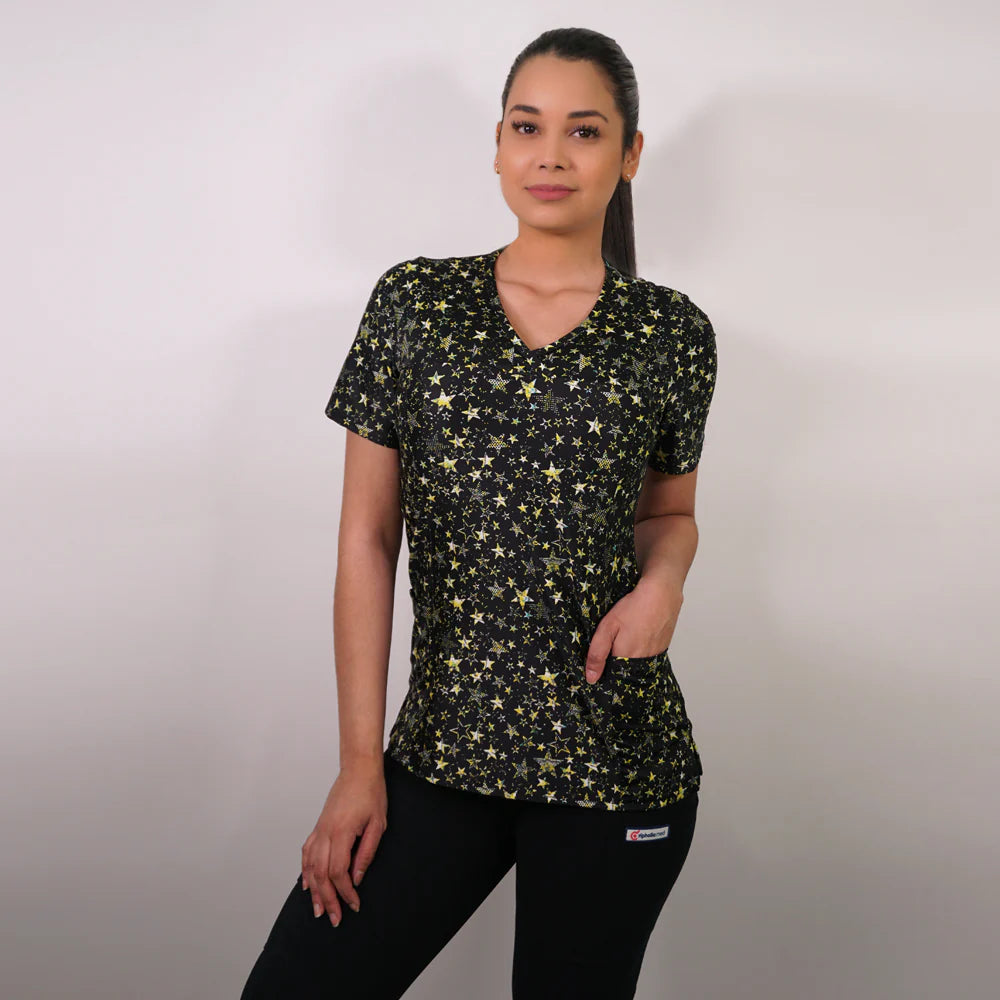 Delantal clinico Mujer tela elasticada estampada. Combina con Negro