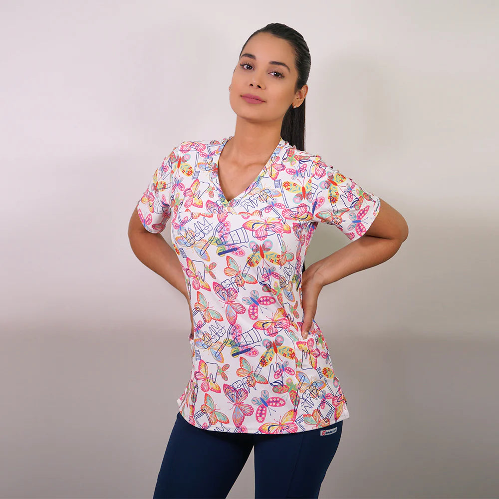 Delantal clinico Mujer tela elasticada estampada Mariposas