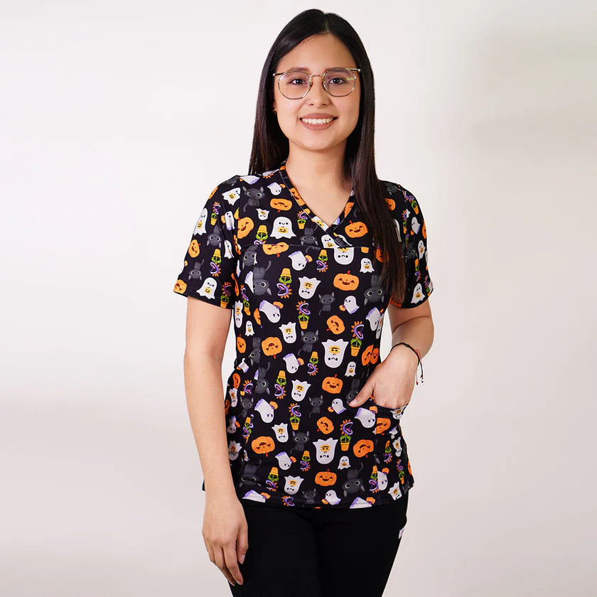 Delantal Mujer tela elasticada estampada Halloween. Combina con Negro