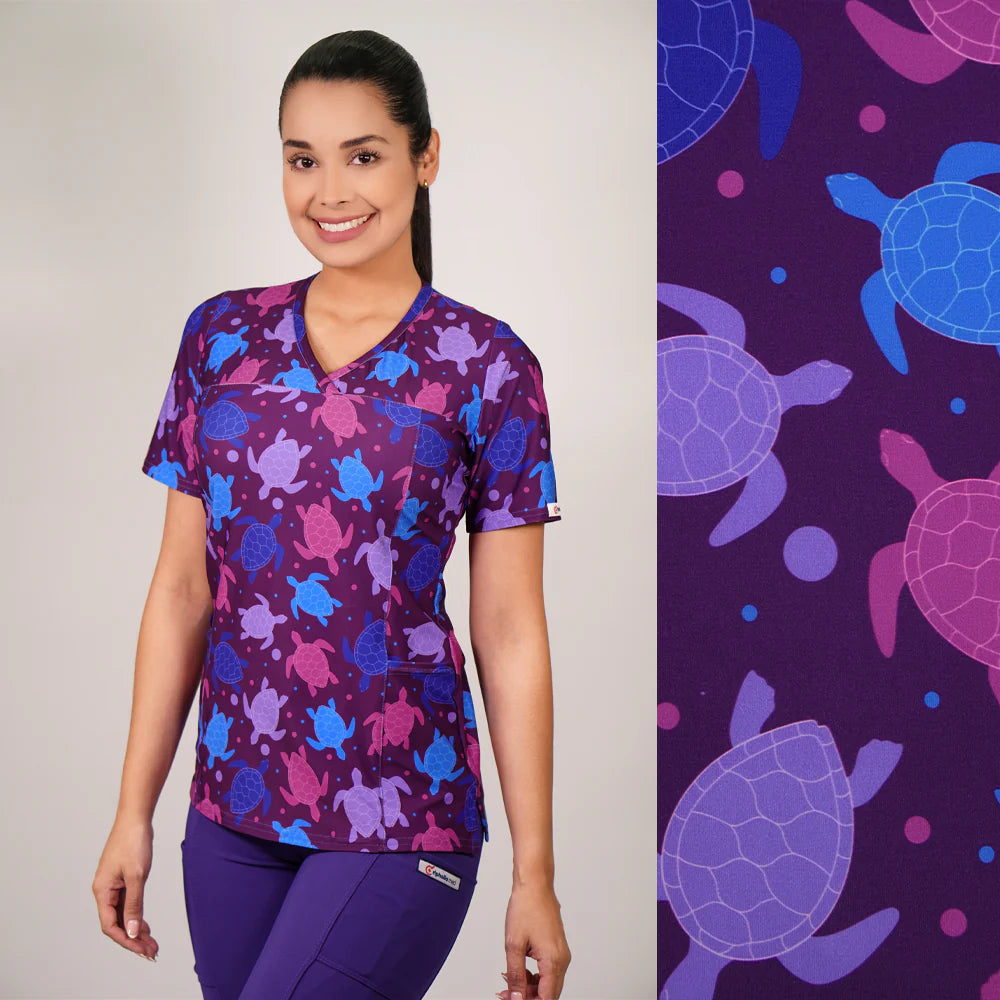 Delantal Mujer tela elasticada estampada Tortuga. Combina con Morado