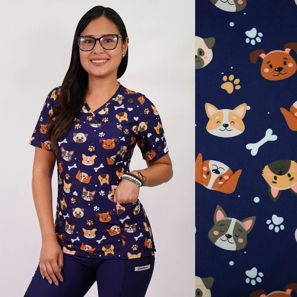 Delantal Mujer tela elasticada estampada Perritos. Combina con Azul Marino