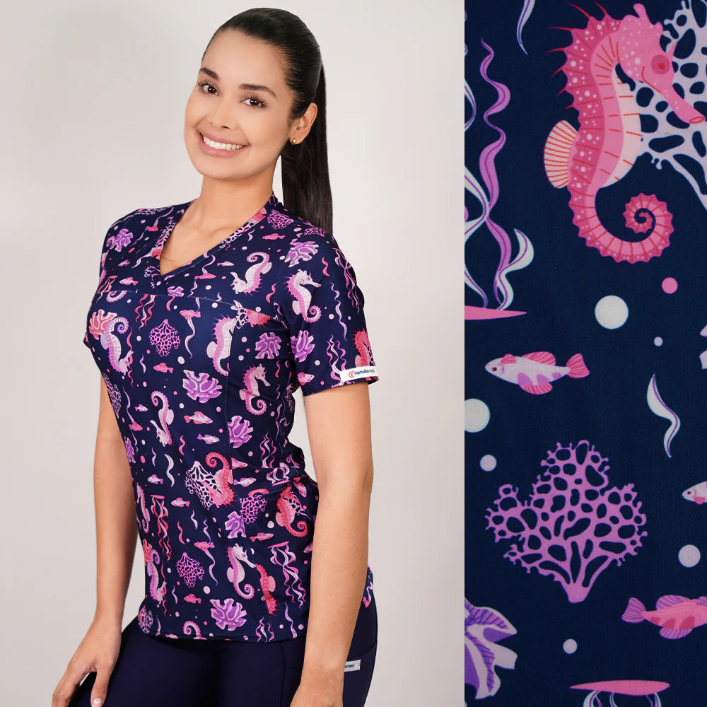 Delantal Mujer tela elasticada estampada Caballito de mar. Combina con Azul Marino