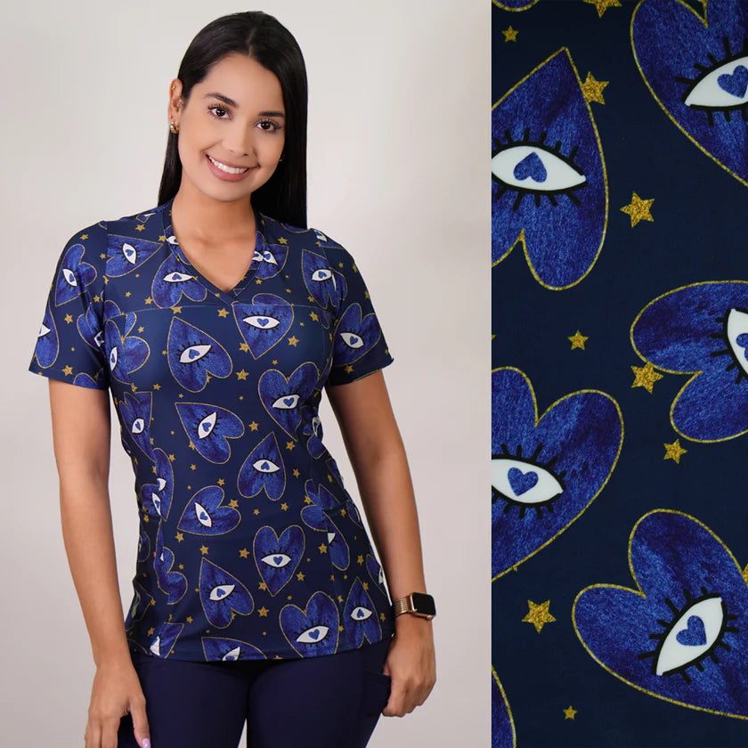 Delantal Mujer tela elasticada estampada corazones/ojos. Combina con Azul Marino.