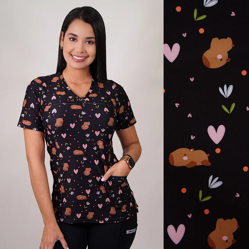 Delantal Mujer tela elasticada estampada Capibara. Combina con Negro